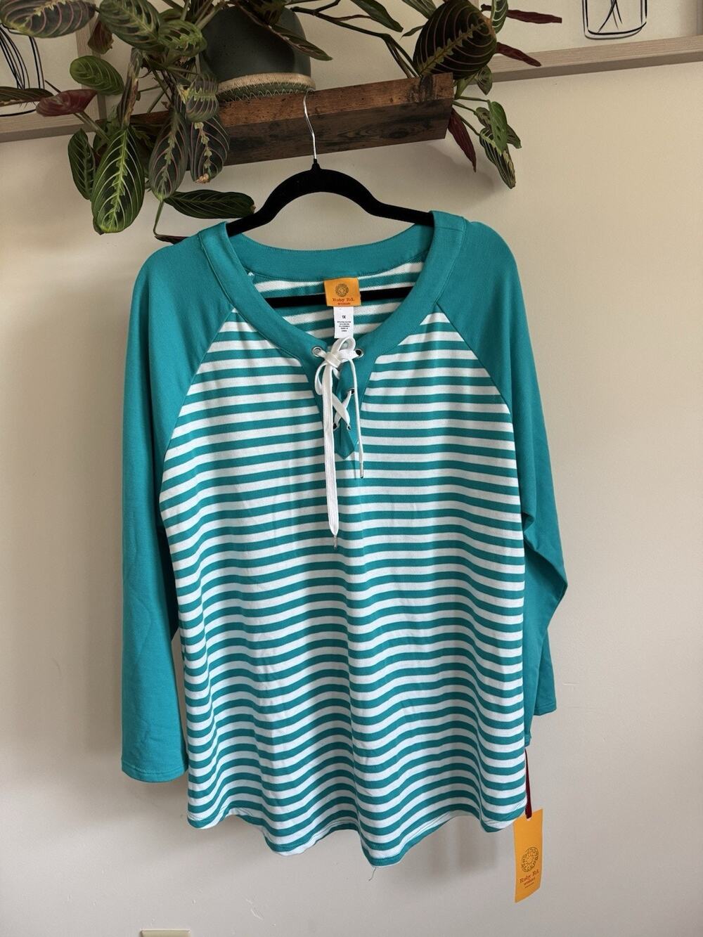 NWT Ruby Rd Top Womens 1X Teal Green White Striped Lace Up V-Neck‎ Knit Blouse